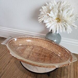 Glasbake Vtg 18" Clear USA Fish Glass Baking Dish Bowl 4141 Ovenware Wicker Tray